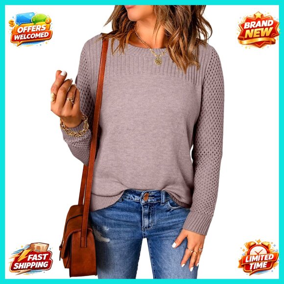 Oversized Cable Knit Pullover Sweater Lightweight Crochet Long Sleeve Casual